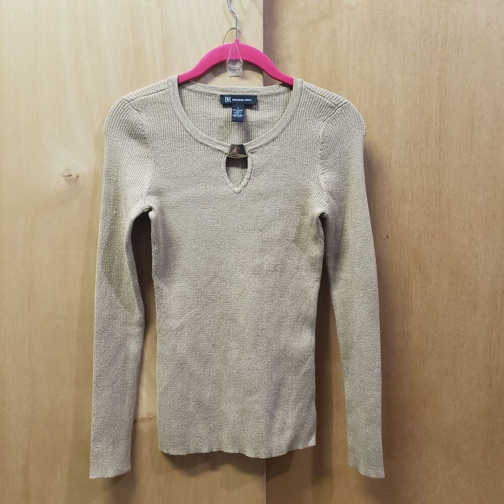INC long-sleeved sweater gold metallic knit keyhole neckline detail Sz S YYY